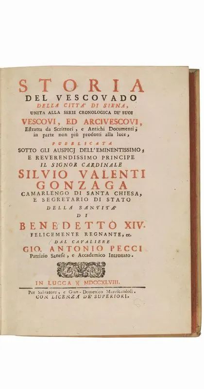 (Siena) PECCI, Giovanni Antonio. Storia del vescovado della Città di Siena.  - Asta Libri, manoscritti e autografi - Pandolfini Casa d'Aste