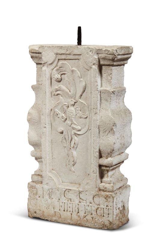 Venetian, 16th century, A figurative Pedestal, dated 1567, Istrian stone, 70,5x39x17 cm  - Auction Sculptures and works of art from the middle ages to the 19th century - Pandolfini Casa d'Aste