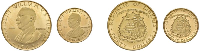 



LIBERIA. REPUBBLICA (DAL 1847). DUE MONETE IN ORO 900 (30 E 12 DOLLARI 1965) PER IL 70&deg; COMPLEANNO DEL PRESIDENTE TUBMAN  - Asta AUREA - Pandolfini Casa d'Aste