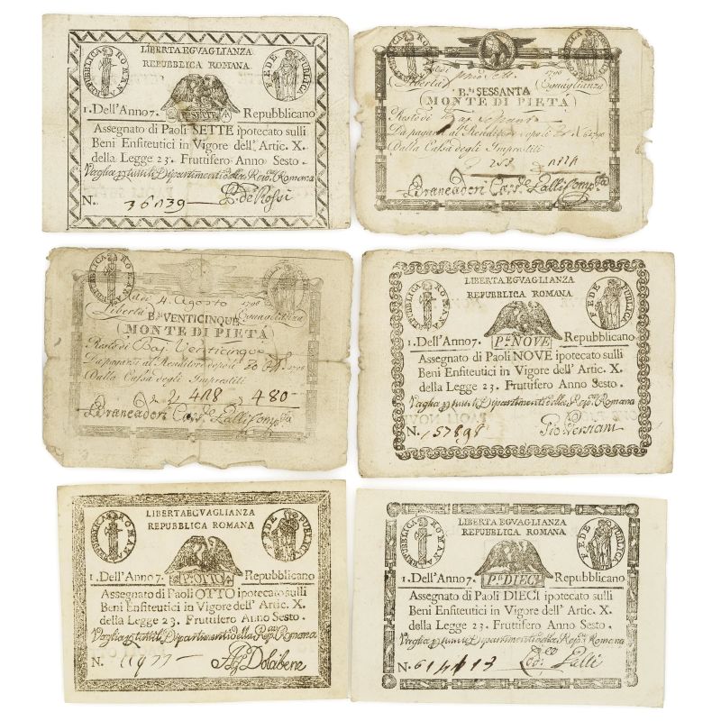 



Prima Repubblica Romana (1798-1799) &ndash; Serie di 6 assegnati  - Auction NUMISMATICS - Pandolfini Casa d'Aste