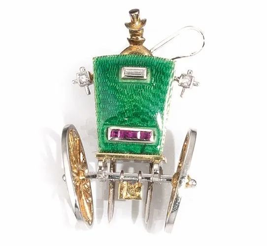 Spilla in oro bianco, oro giallo, diamanti, rubini e smalto  - Auction Important Jewels and Watches - I - Pandolfini Casa d'Aste