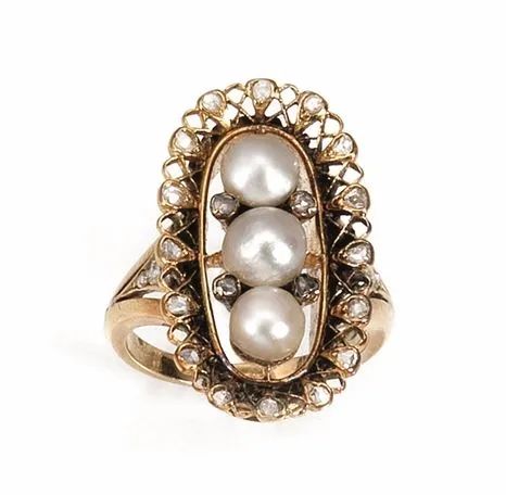 Anello in oro giallo, perle e diamanti  - Auction Important Jewels and Watches - I - Pandolfini Casa d'Aste