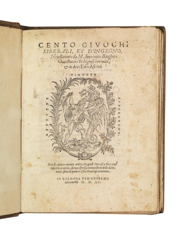 (Scacchi - Giochi) RINGHIERI, Innocenzio. Cento giuochi liberali, et d&rsquo;ingegno. In Bologna, per Anselmo Giaccarelli, 1551.  - Asta Arcade | Libri, Argenti, Porcellane e Maioliche, Numismatica - Pandolfini Casa d'Aste