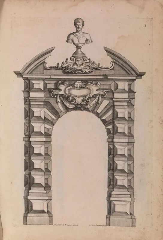 (Architettura &ndash; Illustrati 600) FRANCINI, Alessandro. Livre d'architecture contenant plusieurs portiques de diff&eacute;rentes inventions sur les cinq ordres de colomnes. [&#8230;]. A Paris, chez Melchior Tauernier, 1640.  - Asta Stampe e disegni antichi e moderni-Libri Antichi - Pandolfini Casa d'Aste