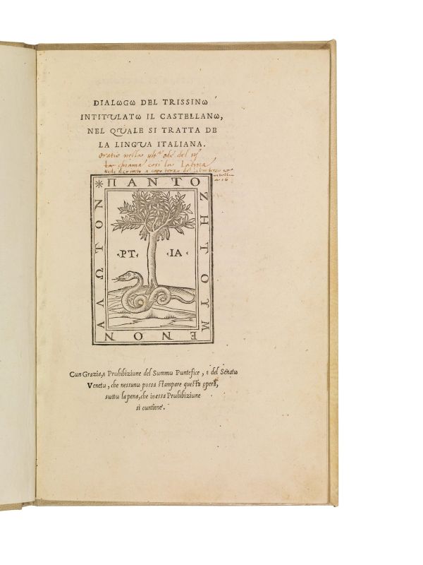 (Lingua italiana) TRISSINO, Gian Giorgio. Dialogo del Trissino intitulato Il castellano, nel quale si tratta de la lingua italiana. [Vicenza, Tolomeo Gianicolo, 1529].  - Asta Arcade | Libri, Argenti, Porcellane e Maioliche, Numismatica - Pandolfini Casa d'Aste