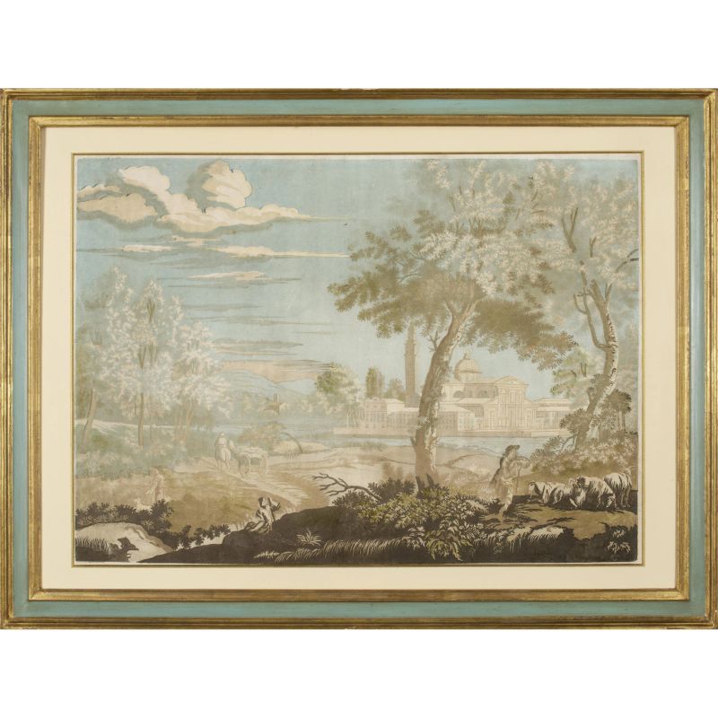 Jakson, John Baptist. Paesaggio di fantasia con un carro, un gregge e la chiesa di S. Giorgio Maggiore sullo sfondo. 1744-45.  - Asta LIBRI, MANOSCRITTI, AUTOGRAFI E STAMPE - Pandolfini Casa d'Aste
