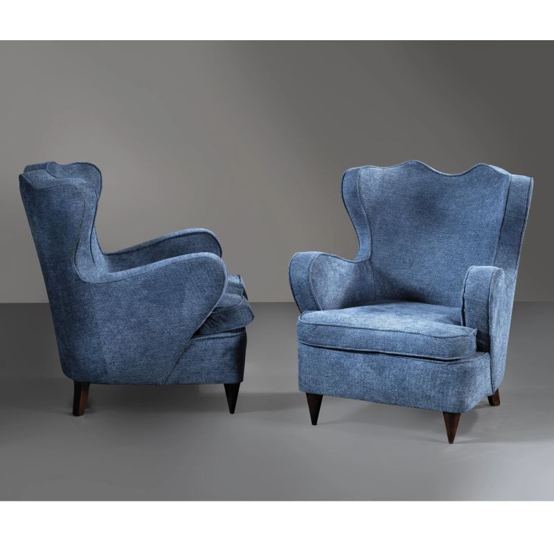 



A COUPLE OF ARMCHAIRS, WOODEN STRUCTURE, BLUE FABRIC UPHOLSTERED  - Auction DESIGN AND DECORATIVE ARTS - Pandolfini Casa d'Aste