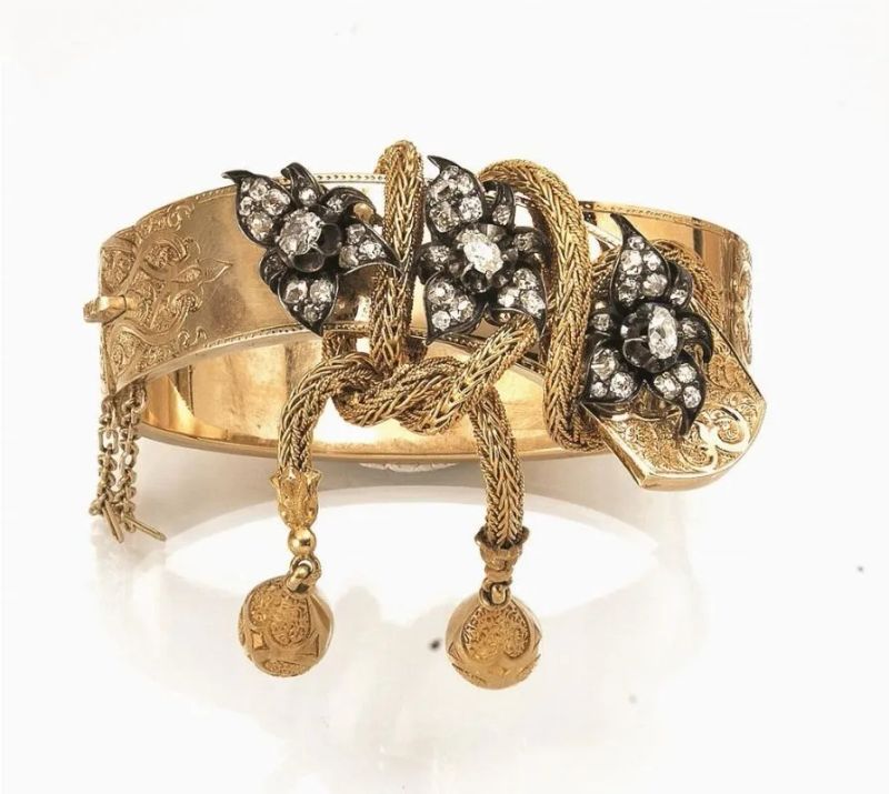 Bracciale, sec. XIX, in oro giallo, argento e diamanti  - Auction Silver, jewels, watches and coins - Pandolfini Casa d'Aste