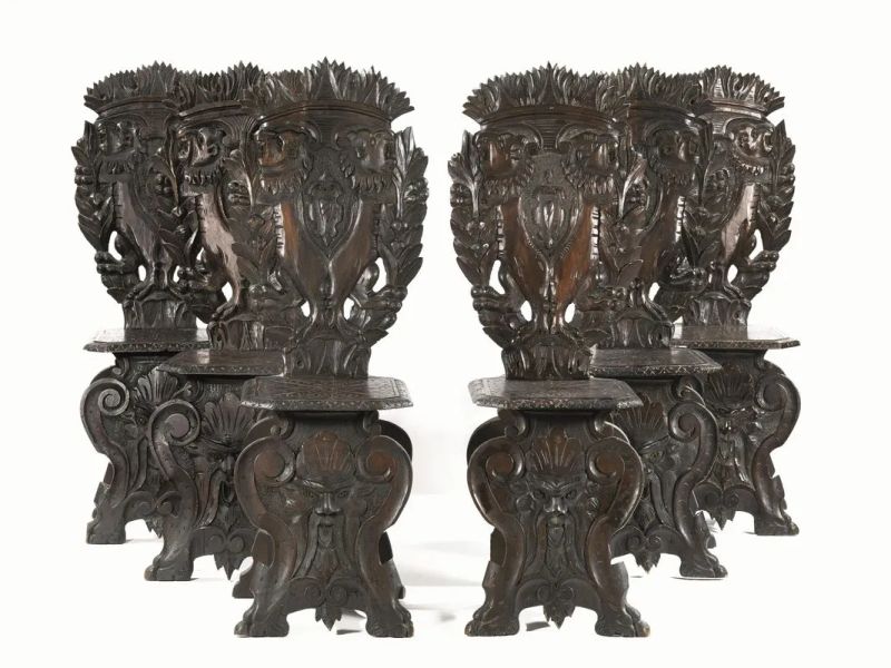 Sei sgabellotti, in stile Rinascimento, fine sec. XIX, in noce legno dolce  - Auction European Furniture - Pandolfini Casa d'Aste