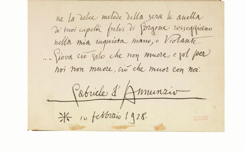 D&rsquo;ANNUNZIO, Gabriele (1863-1938). Alla piacente. Carmen Votivum.  - Auction Prints and Drawings from XVI to XX century - Books and Autographs - Pandolfini Casa d'Aste