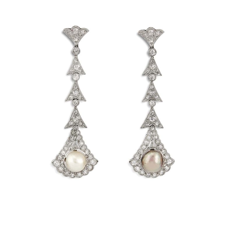 LONG PEARL AND DIAMOND DROP EARRINGS IN PLATINUM  - Auction JEWELS - Pandolfini Casa d'Aste