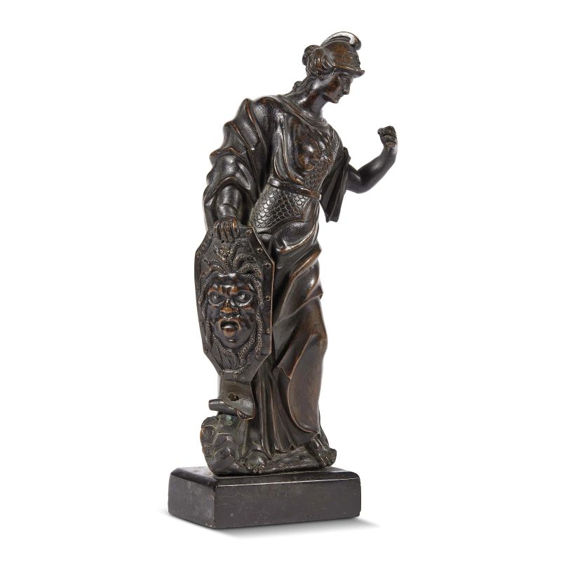 Venetian, 18th century, Minerva, bronze, 28,2x13,5x6 cm (base 3x10,7x6,5 cm)  - Auction Sculptures and works of art from the middle ages to the 19th century - Pandolfini Casa d'Aste