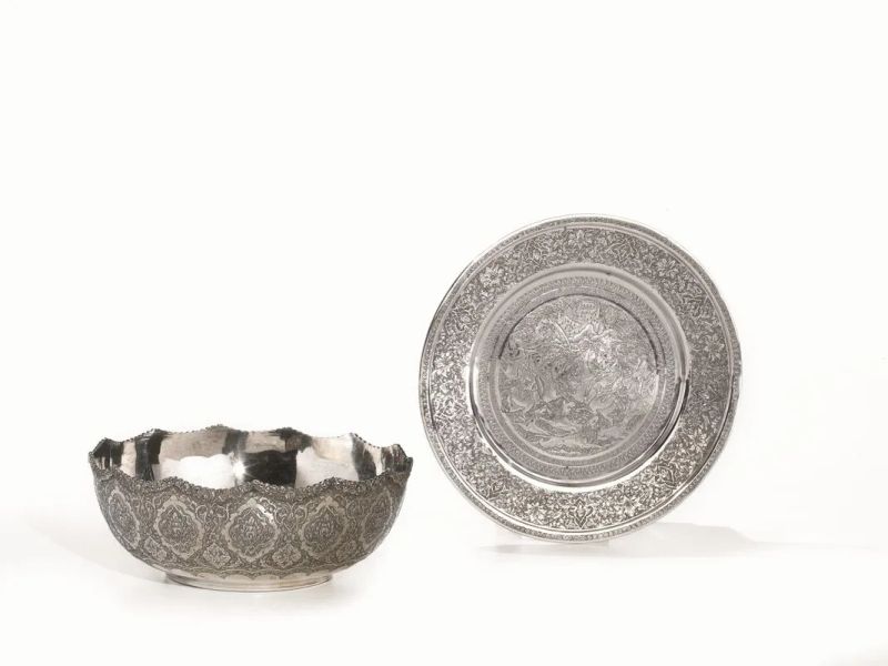 COPPETTA E PIATTO, PERSIA, INIZI SEC. XX  - Auction Silver, jewels, watches and coins - Pandolfini Casa d'Aste