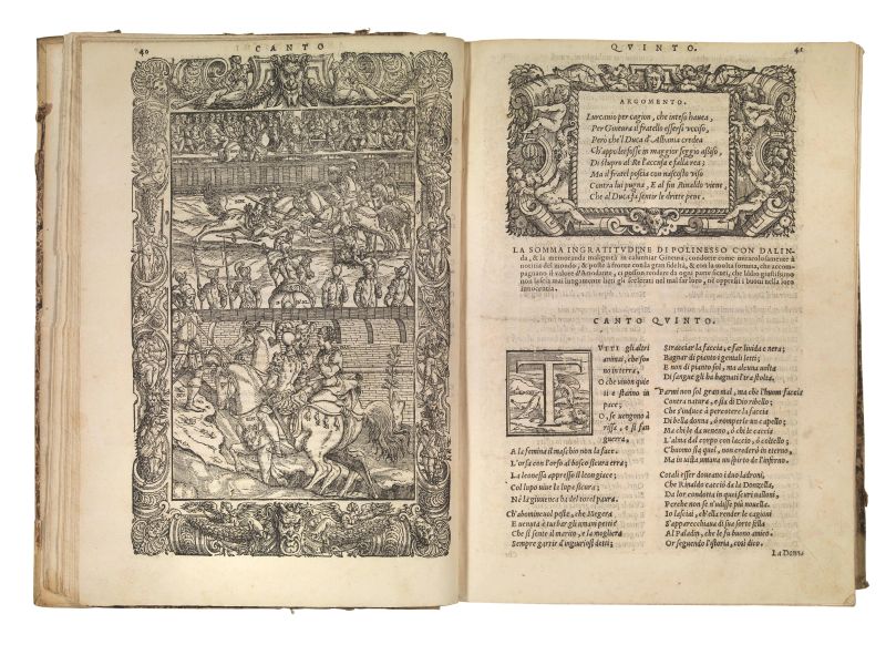 (Illustrati 500) ARIOSTO, Ludovico. Orlando furioso tutto ricorretto, et di nuove figure adornato. Con le annotationi, gli avvertimenti, &amp; le dichiarationi di Girolamo Ruscelli. In Venetia, appresso Vincenzo Valgrisio, 1558.  - Auction ARCADE | Silver, books, porcelain and maiolica - Pandolfini Casa d'Aste