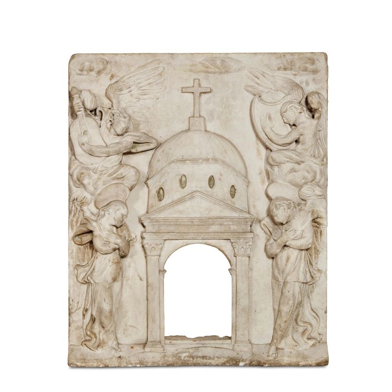 Tuscany, 16th century, A ciborium front, carved in relief marble, 92x74x18 cm  - Auction 15th to 19th CENTURY SCULPTURES - Pandolfini Casa d'Aste