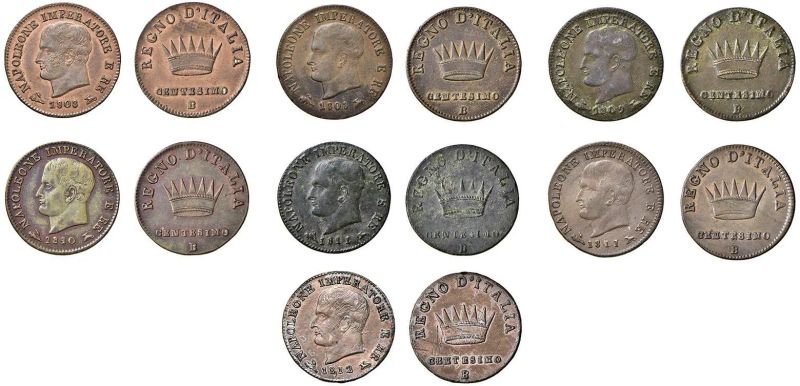 NAPOLEONE I IMPERATORE E RE D'ITALIA (1805 - 1814), 7 MONETE DA UN CENTESIMO  - Auction Collectible coins and medals. From the Middle Ages to the 20th century. - Pandolfini Casa d'Aste