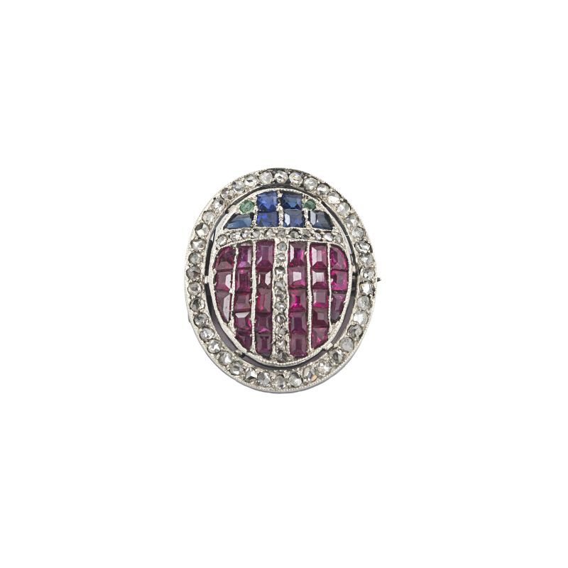



DIAMOND, RUBY AND SAPPHIRE OVAL BROOCH IN LOW TITLE WHITE GOLD AND SILVER  - Auction ARCADE |  JEWELS - Pandolfini Casa d'Aste
