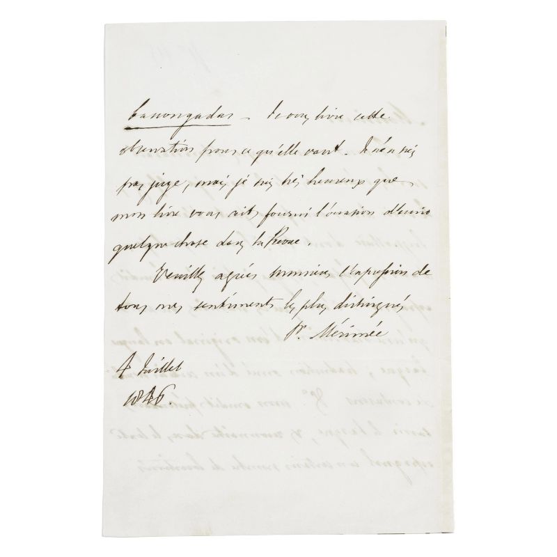 Mérimée, Prosper. Lettera autografa firmata  - Asta LIBRI, MANOSCRITTI, AUTOGRAFI E STAMPE - Pandolfini Casa d'Aste