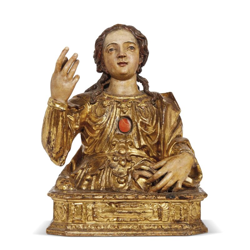 Northern Italy, early 17th century, A reliquary bust of a blessing saint, carved, painted and gilt wood, stones set in the robe, 44x36x28 cm  - Auction 15th to 19th CENTURY SCULPTURES - Pandolfini Casa d'Aste