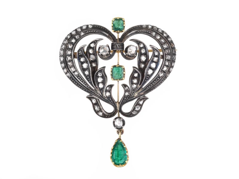      SPILLA CON SMERALDI E DIAMANTI   - Auction Online Auction | jewels, wristwatches and pens - Pandolfini Casa d'Aste