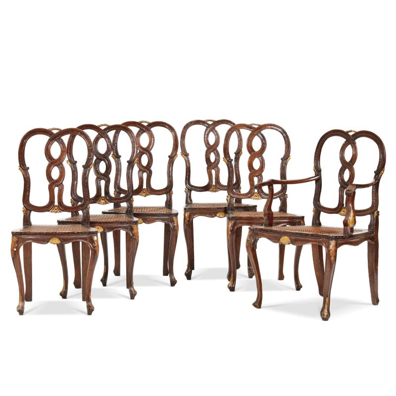 A GROUP OF A VENETIAN ARMCHAIR AND FIVE CHAIRS, 18TH CENTURY  - Auction furniture and works of art - Pandolfini Casa d'Aste