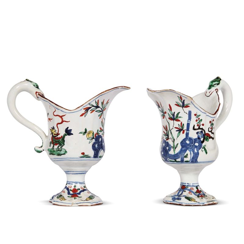 Pasquale Rubati : A PAIR OF LITTLE EWERS, MANUFACTURE OF FELICE CLERICI OR PASQUALE RUBATI, MILAN, 1756-1780  - Auction IMPORTANT MAJOLICA FROM RENAISSANCE TO THE 18TH CENTURY - Pandolfini Casa d'Aste