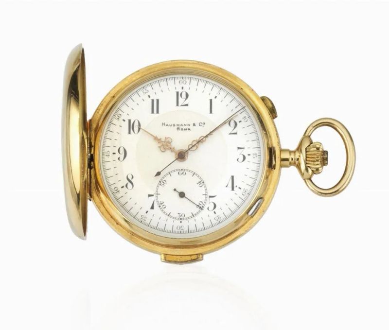 OROLOGIO DA TASCA CON CRONOGRAFO E RIPETIZIONE QUARTI, INVICTA PER HAUSMANN & CO., ROMA, IN ORO GIALLO 18 KT  - Auction FINE JEWELS AND WATCHES - Pandolfini Casa d'Aste