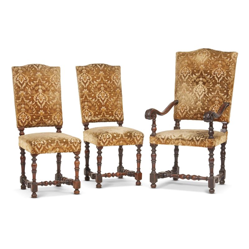 A MODENESE ARMCHAIR AND TWO CHAIRS, SECOND HALF 17TH CENTURY  - Auction FURNITURE, OBJECTS OF ART AND SCULPTURES FROM PRIVATE COLLECTIONS - Pandolfini Casa d'Aste