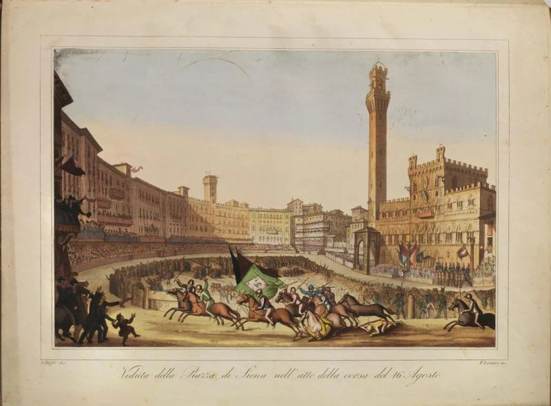 (Palio di Siena &ndash; Illustrati 800) HERCOLANI, Antonio (1883-1962). Storia e costumi delle contrade di Siena. Lavoro inedito adorno di N&deg; 40 incisioni colorate pubblicato dal conte Antonio Hercolani [&#8230;]. Firenze, presso Antonio Hercolani, 1845.  - Asta Stampe e disegni antichi e moderni-Libri Antichi - Pandolfini Casa d'Aste