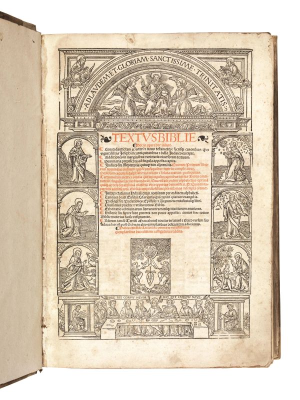 (Bibbia - Illustrati 500) BIBBIA. Textus Biblie hoc in opere hec insunt. Concordantie tam ex veteri et nouo testamento ... ex viginti libris Iosephi de antiquitatibus &amp; bello iudaico excerpte. ... Interpretationes Hebraicorum nominum per ordinem alphabeti. (Impressa autem Lugduni, per Ioannem Crespin feliciter explicit, 1527).  - Asta ARCADE | Argenti, libri, porcellane e maioliche - Pandolfini Casa d'Aste