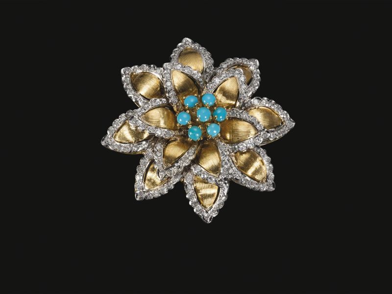 SPILLA IN ORO GIALLO TURCHESI E DIAMANTI  - Auction FINE JEWELS - Pandolfini Casa d'Aste