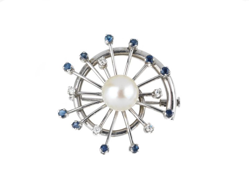      SPILLA A SPIRALE CON PERLA ZAFFIRI E DIAMANTI   - Auction Online Auction | jewels, wristwatches and pens - Pandolfini Casa d'Aste