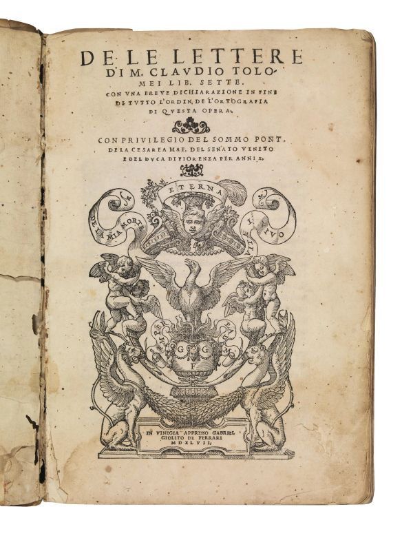 (Lingua italiana) TOLOMEI, Claudio. De le lettere di M. Claudio Tolomei lib. Sette. In Vinegia, appresso Gabriel Giolito de Ferrari, 1547.  - Asta Arcade | Libri, Argenti, Porcellane e Maioliche, Numismatica - Pandolfini Casa d'Aste