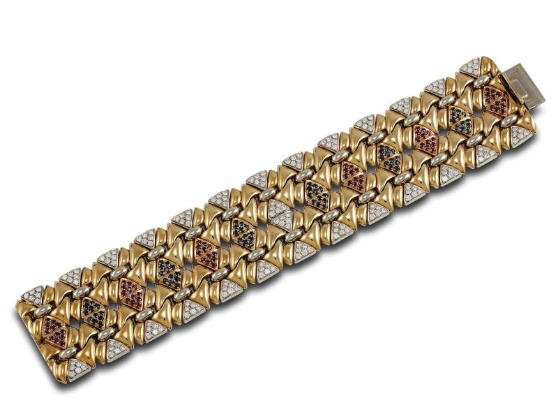 MORONI BRACCIALE IN ORO GIALLO E BIANCO CON ZAFFIRI RUBINI E DIAMANTI  - Auction FINE JEWELS - Pandolfini Casa d'Aste