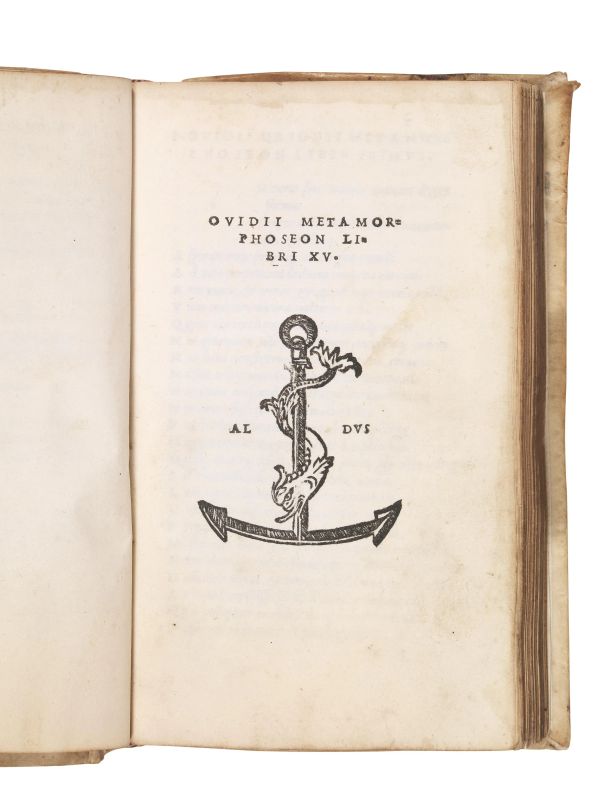 (Aldina) Ovidius Naso, Publius. Quae hoc volumine continentur. Annotationes in omnia Ovidij opera. Index fabularum, &amp; c&aelig;terorum, qu&aelig; insunt hoc libro secundum ordinem alphabeti. Ovidij Metamorphoseon libri XV. (Venetijs, in aedibus Aldi, et Andreae soceri, mense Februario 1516).  - Asta ARCADE | Argenti, libri, porcellane e maioliche - Pandolfini Casa d'Aste