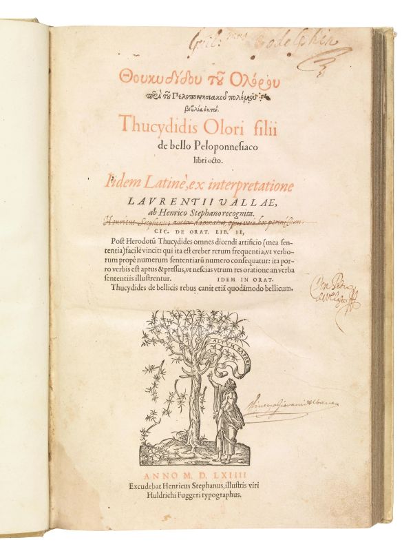 (Estienne) TUCIDIDE. Thoukydidou tou Olorou Peri tou Peloponn&#275;siakou polemou biblia okt&#333;. Thucydidis Olori filii De bello Peloponnesiaco libri octo. Iidem Latin&egrave;, ex interpretatione Laurentii Vallae, ab Henrico Stephano nuper recognita. ... [Ginevra], excudebat Henricus Stephanus, illustri viri Huldrichi Fuggeri typographus, 1564.  - Asta LIBRI, MANOSCRITTI E AUTOGRAFI - Pandolfini Casa d'Aste