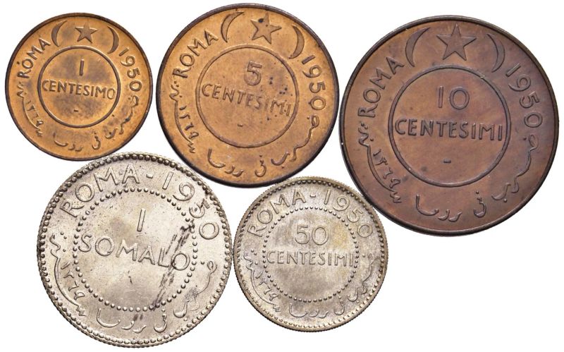 AFIS, Amministrazione Fiduciaria Italiana della Somalia (1950-1960), SERIE COMPLETA DI 5 MONETE IN MISTURA/RAME  - Auction Coins and Medals - Pandolfini Casa d'Aste