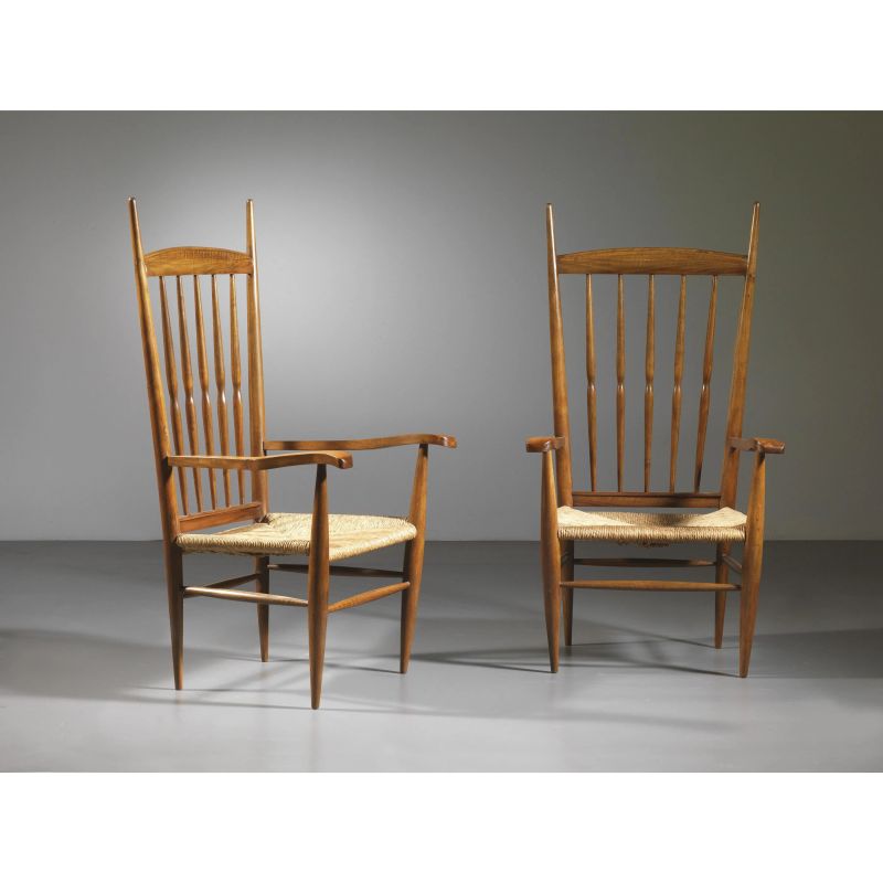 TWO WOODEN ARMCHAIRS, STRAW SEAT  - Auction 20th CENTURY DESIGN - Pandolfini Casa d'Aste