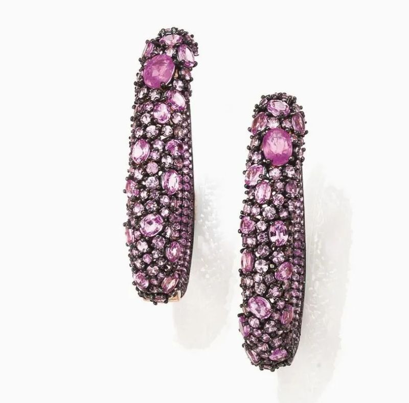 Paio di orecchini in oro rosa e zaffiri rosa  - Auction Silver, jewels, watches and coins - Pandolfini Casa d'Aste