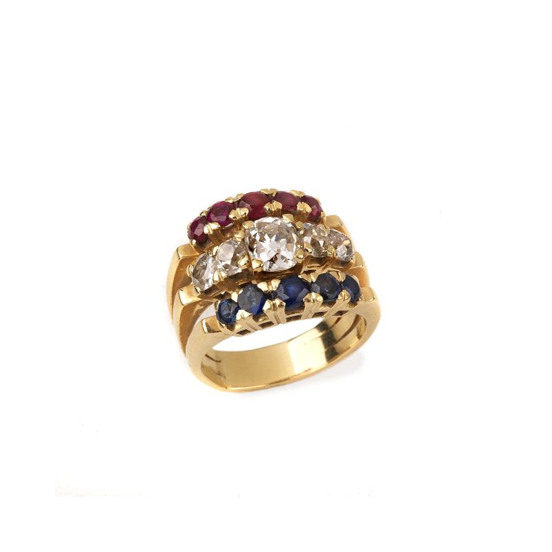 COLOURED STONE AND DIAMOND BAND RING IN 18KT YELLOW GOLD  - Auction JEWELS - Pandolfini Casa d'Aste