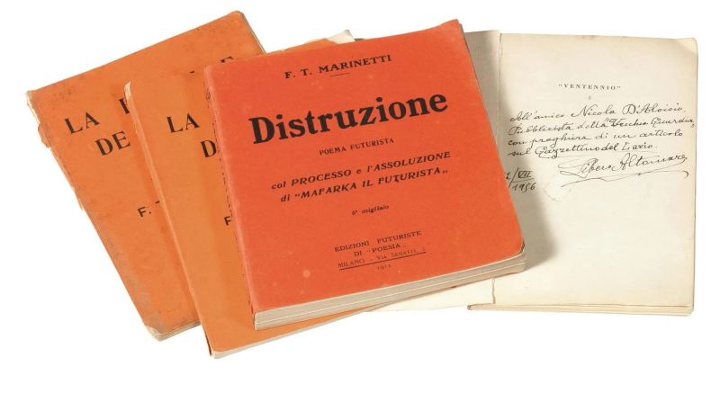 MARINETTI - LOTTO 2. Lotto di 4 opere nc: Marinetti, Filippo Tommaso, La bataille de Tripoli: 26 octobre 1911, Milano, Edizioni futuriste di &ldquo;Poesia&rdquo;, 1912, con DEDICA autografa e schizzo dell&rsquo;autore [CON:] Marinetti, Filippo Tommaso, Distruzione: poema futurista, Milano, Edizioni futuriste di &ldquo;Poesia&rdquo;, 1911, in brossura editoriale [CON:] Marinetti, Filippo Tommaso, La battaglia di Tripoli: 26 ottobre 1911, Milano, Edizioni futuriste di &ldquo;Poesia&rdquo;, 1912, in brossura editoriale [CON:] Libero Altomare (Mannoni, Remo), Incontri con Marinetti e il Futurismo, Roma, Corso, 1954, con DEDICA autografa dell&rsquo;autore a Nicola D&rsquo;Aloisio.  - Asta ARCADE | Argenti, libri, porcellane e maioliche - Pandolfini Casa d'Aste