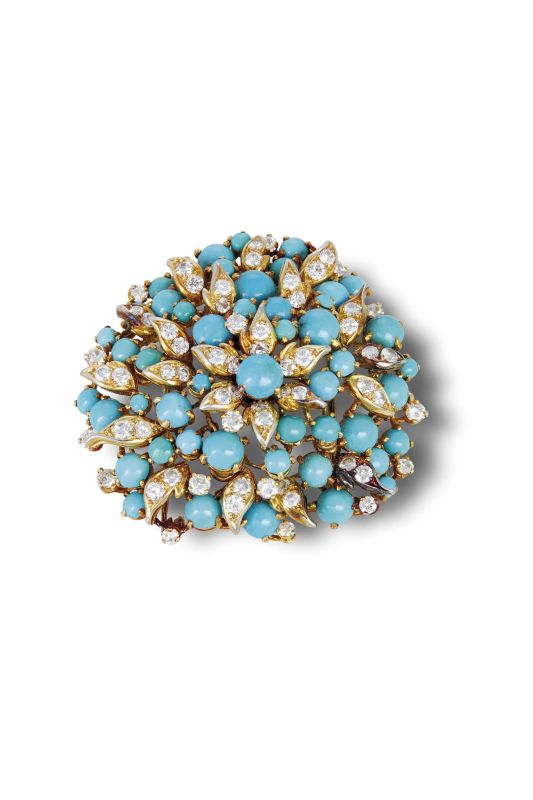 BULGARI SPILLA IN ORO GIALLO TURCHESE E DIAMANTI  - Auction FINE JEWELS - Pandolfini Casa d'Aste