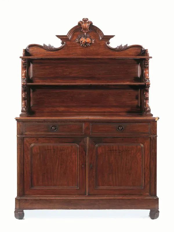 Credenza con alzata, Inghilterra, fine sec. XIX, in mogano, alzata sagomata  - Auction European Furniture - Pandolfini Casa d'Aste
