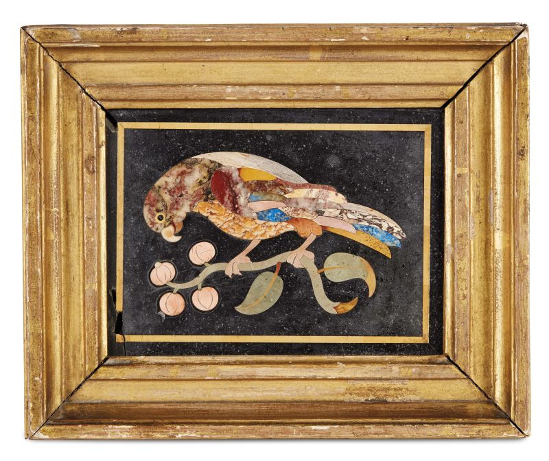 Florentine, 18th century, A small plaque, pietra dura, 10,5x14 cm, within wooden gilt frame, 16x19,5 cm  - Auction Sculptures and works of art from the middle ages to the 19th century - Pandolfini Casa d'Aste