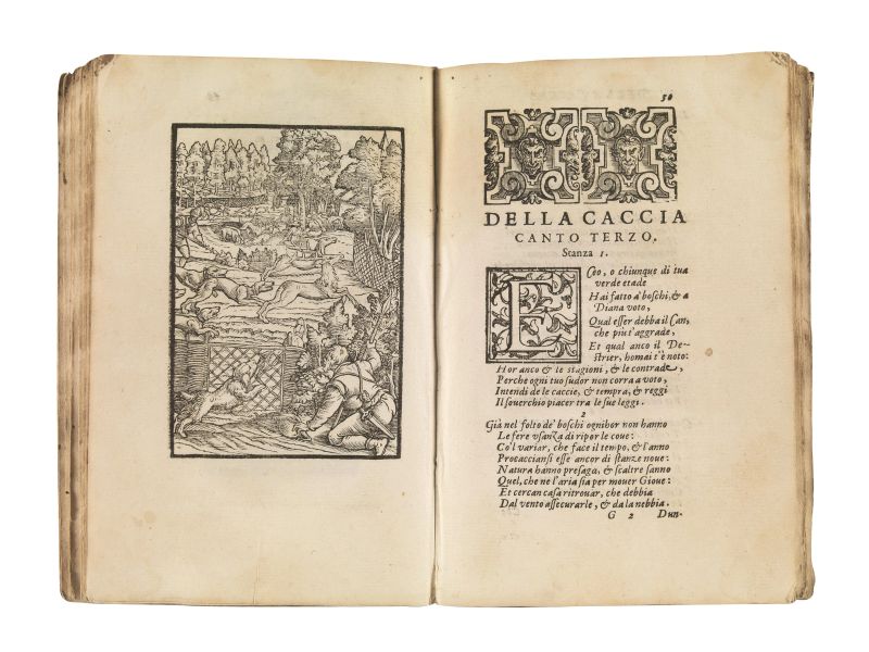      (Caccia - Falconeria - Illustrati 500)   VALVASONE, Erasmo da.   La caccia dell'Ill. Signor Erasmo di Valvasone, Ricorretta e di molte Stanze ampliata con le annotationi di M. Olimpio Marcucci.   In Bergamo, per Comin Ventura, 1593.   - Asta LIBRI, MANOSCRITTI E AUTOGRAFI - Pandolfini Casa d'Aste