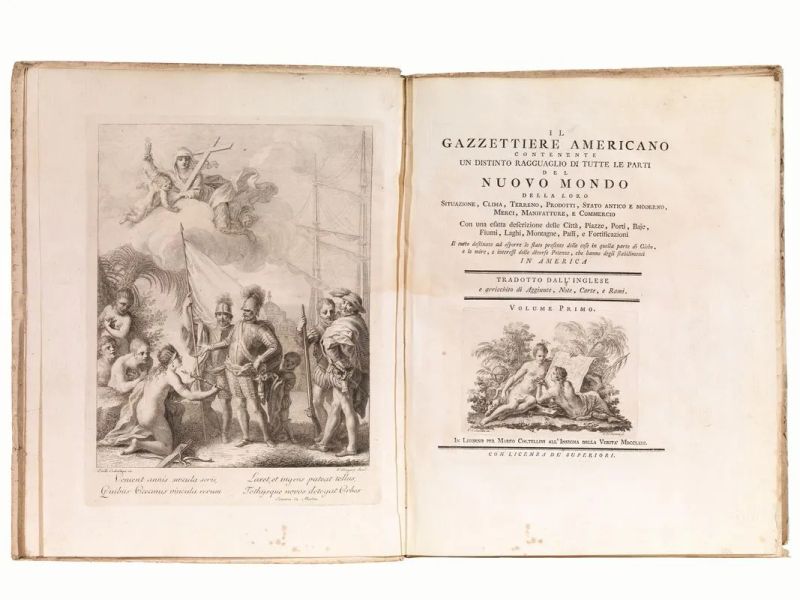 (Americhe &ndash; Viaggio &ndash; Illustrati 700) Il Gazzettiere americano contenente un distinto ragguaglio di tutte le parti del nuovo mondo della loro situazione, clima, terreno, prodotti, stato antico e moderno, merci, manifatture, e commercio. Con una esatta descrizione delle citta, piazze, porti baie, fiumi, laghi, montagne, passi, e fortificazioni. Il tutto destinato ad esporre lo stato presente delle cose in quella parte di globo, e le mire, e interessi delle diverse Potenze, che hanno degli stabilimenti in America. Tradotto dall'inglese e arricchito di aggiunte, note carte, e rami. Volume primo [-terzo].&nbsp; Livorno, per Marco Coltellini all'insegna della verit&agrave;, 1763.  - Asta Stampe e disegni antichi e moderni-Libri Antichi - Pandolfini Casa d'Aste