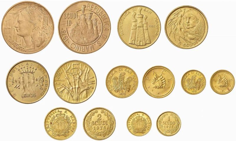 SETTANTAQUATTRO MONETE DI SAN MARINO IN ASTUCCIO ORIGINALE (74), OTTO MONETE FRANCESI (8) E SETTE MEDAGLIE VARIE (7)  - Auction Collectible coins and medals. From the Middle Ages to the 20th century. - Pandolfini Casa d'Aste
