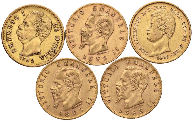 SAVOIA, CINQUE MARENGHI IN ORO  - Auction Coins and Medals - Pandolfini Casa d'Aste
