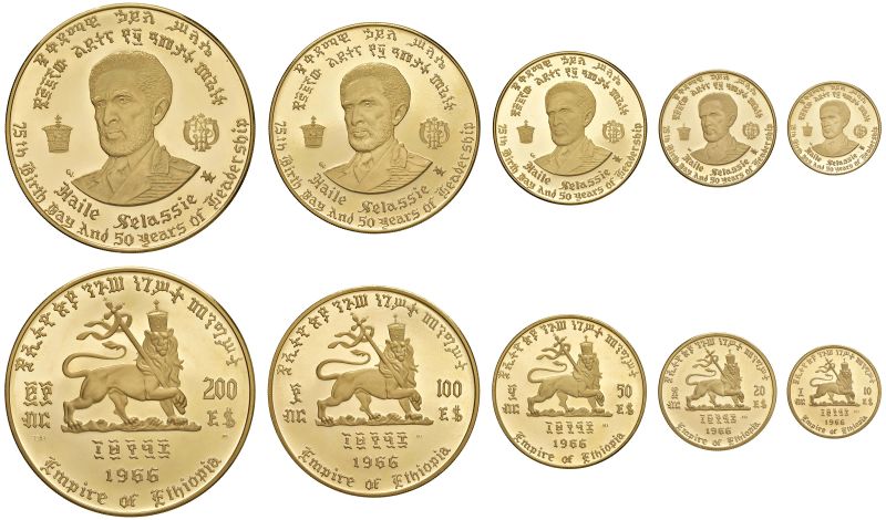 



ETIOPIA. HAILE SELASSIE (1930-1974). CINQUE MONETE (200, 100, 50, 20, 10 DOLLARI) 1966  - Asta AUREA - Pandolfini Casa d'Aste