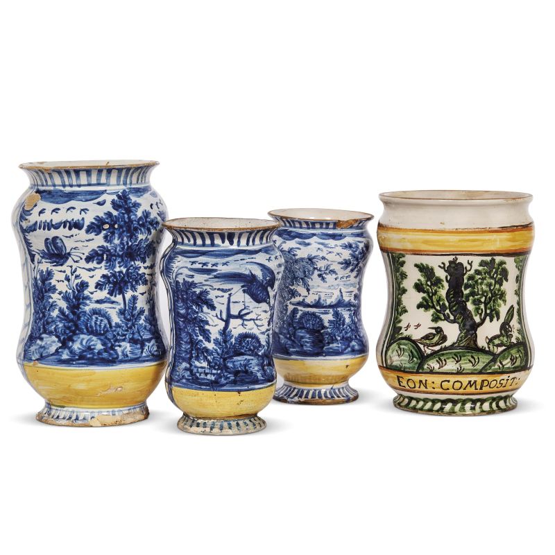 FOUR PHARMACY JARS (ALBARELLI), TORRE DEI PASSERI, LATE 18TH CENTURY  - Auction A COLLECTION OF MAJOLICA APOTHECARY VASES - Pandolfini Casa d'Aste